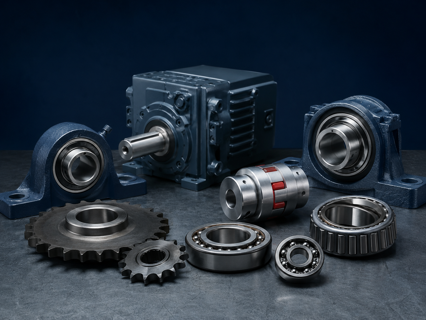Pillow-block bearing units, a gear reducer, roller and tapered bearings, sprockets and a jaw coupling arranged on a workshop surface