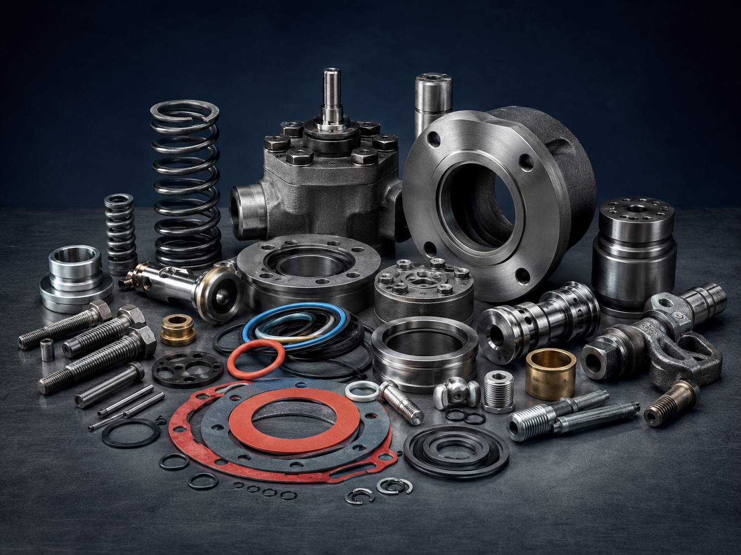 Assorted replacement components including springs, seals and gaskets, bushings, valve cartridges, bolts and machined housings