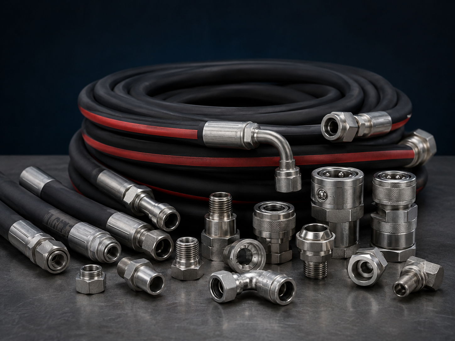 Coiled industrial and hydraulic hose with crimped ends beside stainless couplings, adapters and quick-connect fittings
