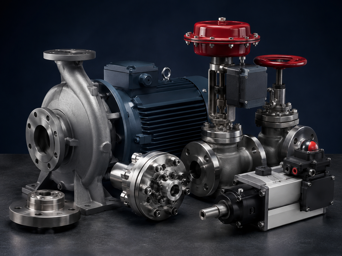 Centrifugal pump with electric motor, control valve with red actuator, gate valve and flanged fittings